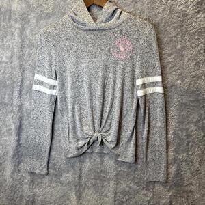 Abercrombie & Fitch Girls 13/14 Pullover Hoodie Gray Pink Logo Front Tie Dbl Sd